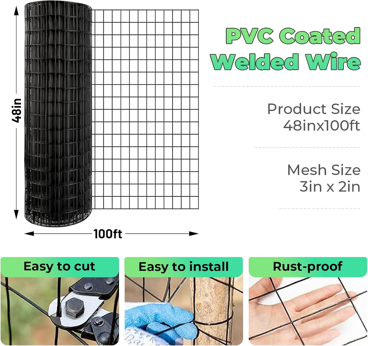 Garden Fence Black PVC Coated Welded Wire Fencing 48 Inch x 100 Foot, 2 Inch x 3 Inch 16GA, Garden Border Fencing Roll Vinyl Coating Metal Wire Mesh
