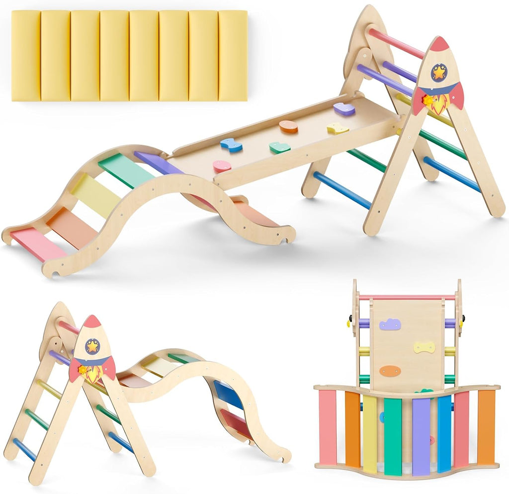 Pikler Triangle Set with Cushion, 9-in-1 Kids Climbing Toys for Toddlers 1-3 Inside, Montessori Toddler Climbing Toys Indoor, Large Wooden Pikler