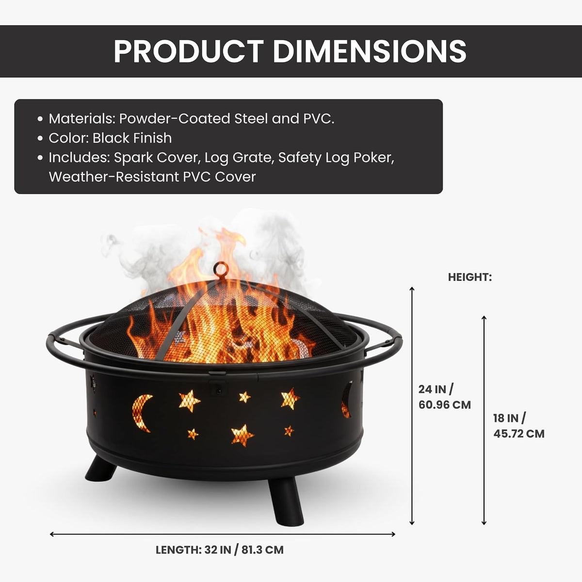 Pure Garden Round Outdoor Fire Pit with Star Cutouts, Black, 32-Inch
