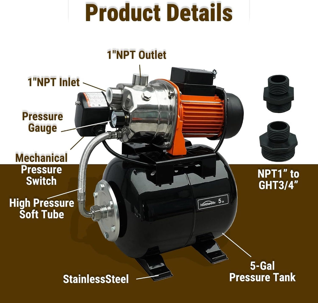 HoldwellS 115V Shallow Well Jet Pump with 5 Gallon Pressure Tank 1320 GPH Stainless Steel Automatic Water Booster Pump with Pressure Switch & Gauge
