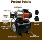 HoldwellS 115V Shallow Well Jet Pump with 5 Gallon Pressure Tank 1320 GPH Stainless Steel Automatic Water Booster Pump with Pressure Switch & Gauge