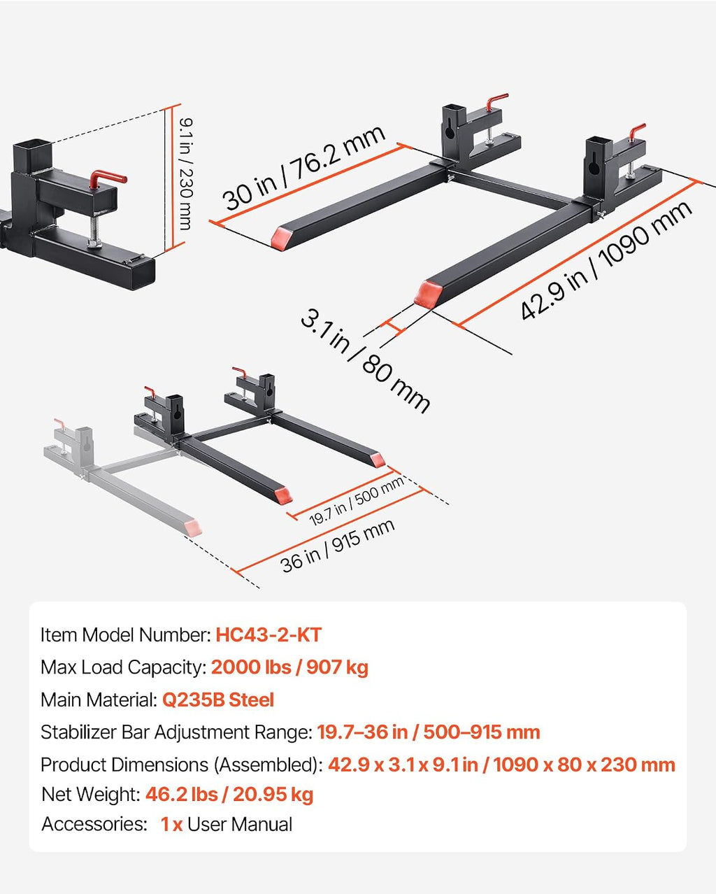 VEVOR Pallet Forks, 2000 lbs Clamp on Pallet Forks, 43-Inch Total Length Heavy-Duty Tractor Fork with Adjustable Stabilizer Bar for Tractor