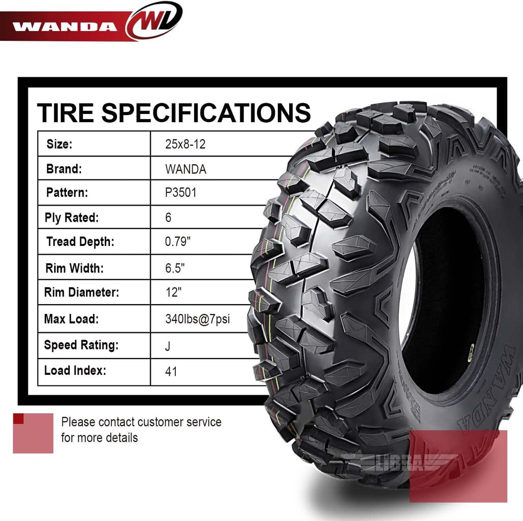 WANDA ATV UTV Tires 25X8-12 25X8X12 6PR P3501,Set 2 10375