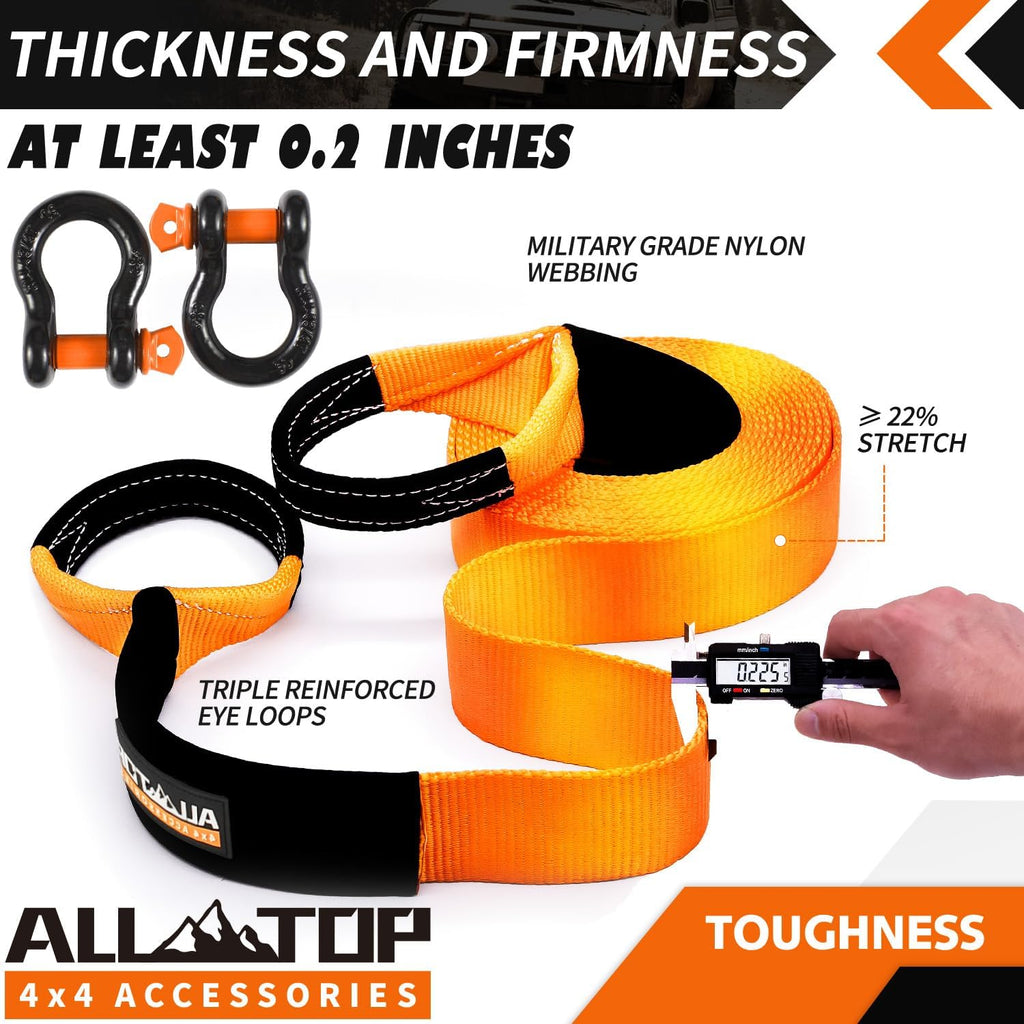 ALL-TOP Heavy Duty Tow Strap Recovery Kit: 3 inch x 20ft (35,000lbs) 100% Nylon and 22% Elongation Snatch Strap + 3/4 Heavy Duty D Ring Shackles