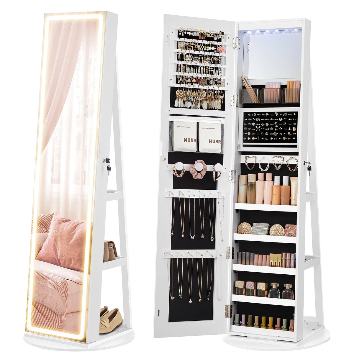 SONGMICS LED Mirror Jewelry Cabinet With Full-Length Mirror, 21.59in D x 21.59in W x 62.59in H
