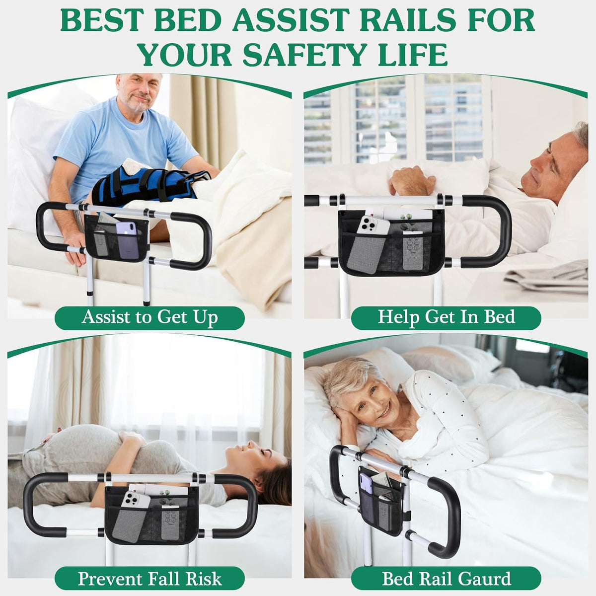 Bed Rails for Elderly Adults Safety - Extended Bed Assist Rail for Seniors - Adjustable Beds Side Rails Handle Support Bar Bed Guard with Storage Bag