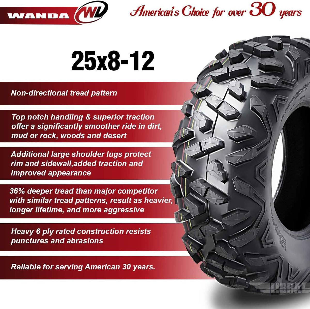WANDA ATV UTV Tires 25X8-12 25X8X12 6PR P3501,Set 2 10375