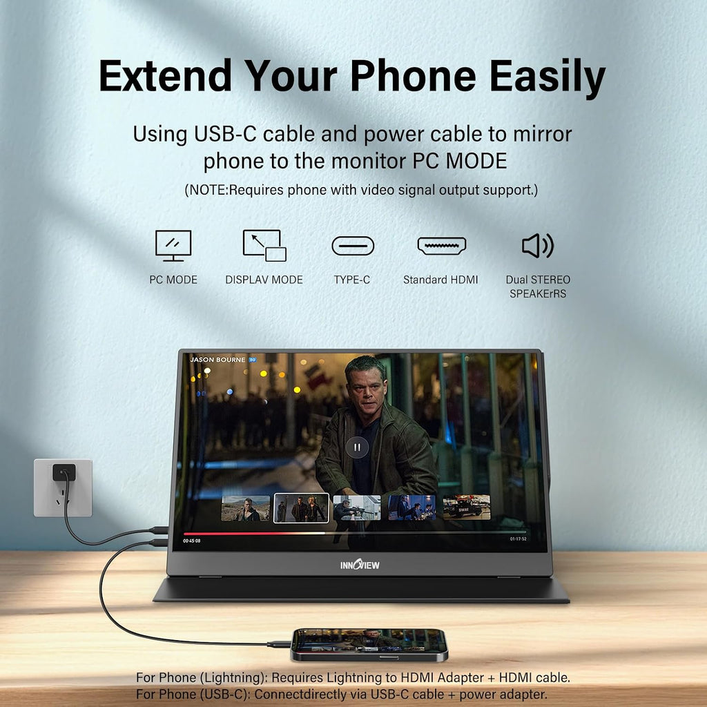 InnoView Portable Monitor, 15.6 Inch FHD 1080P HDMI USB C Second External Monitor for Laptop, Desktop, MacBook, Phones, Tablet, PS5/4, Xbox, Switch