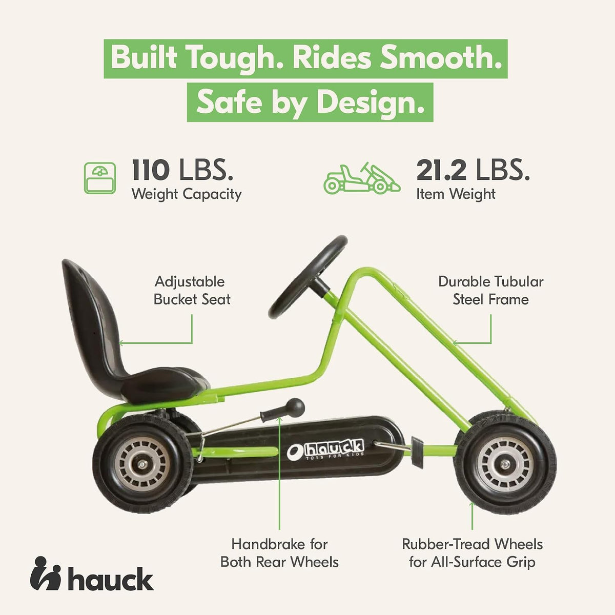 Hauck Lightning - Pedal Go Kart for Kids Ages 4-8, Adjustable Bucket Seat, Plastic Wheels with Rubber Profile, Handbrake for both rear wheels, Ride