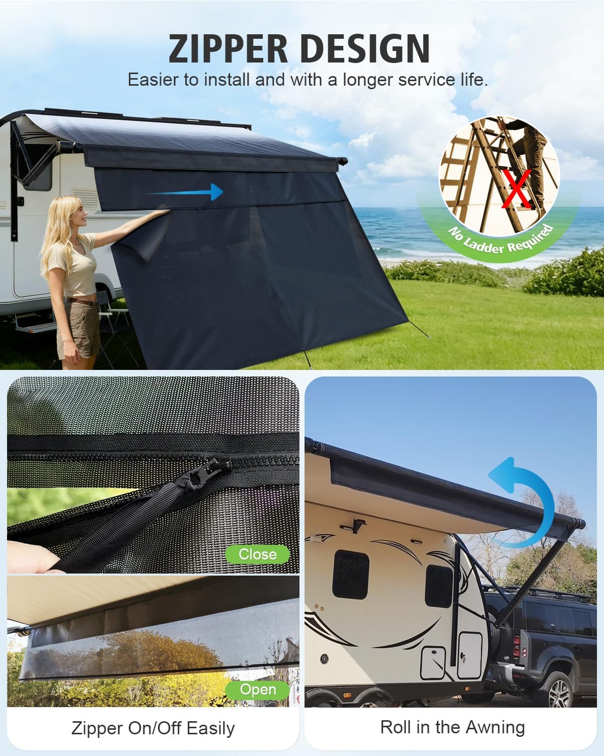 RV Awning Sun Shade Screen with Zipper, 8'x15'3" for 16' RV Awning