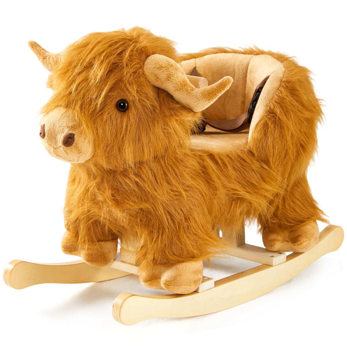 Baby Rocking Horse,Highlander Cattle Wooden Rocking Horse for Toddlers 1 Year Old Cute Cow Stuffed Plush Ride-on Toy Rocking Animal for Baby Boys and