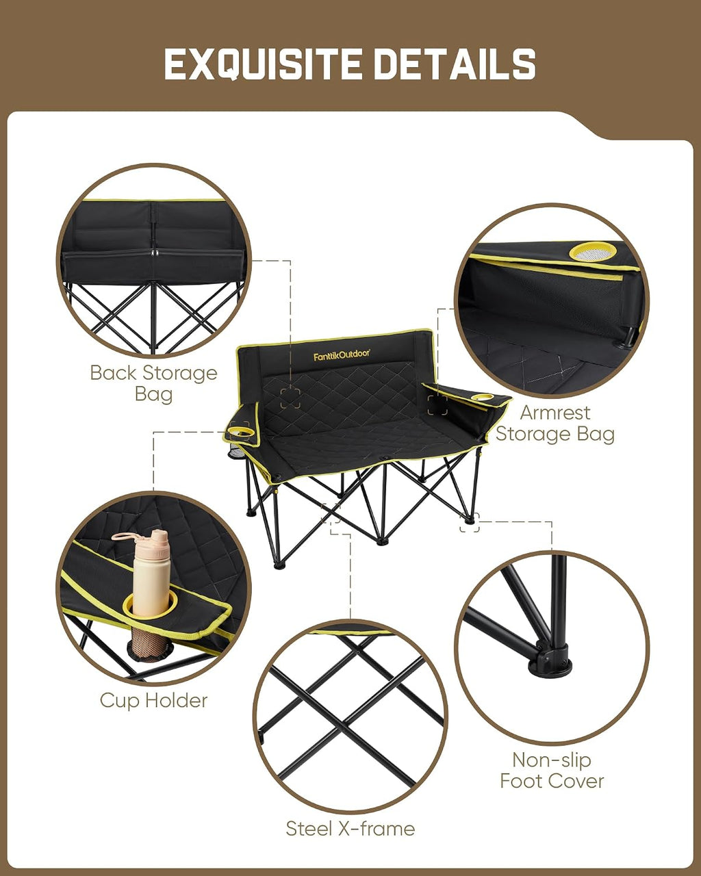 FanttikOutdoor Zeta L11 Duo Pro Double Camping Chair, 2 Person Portable Folding Couch, Up to 600 lbs, High Strength Loveseat with Cup Holder & Carry
