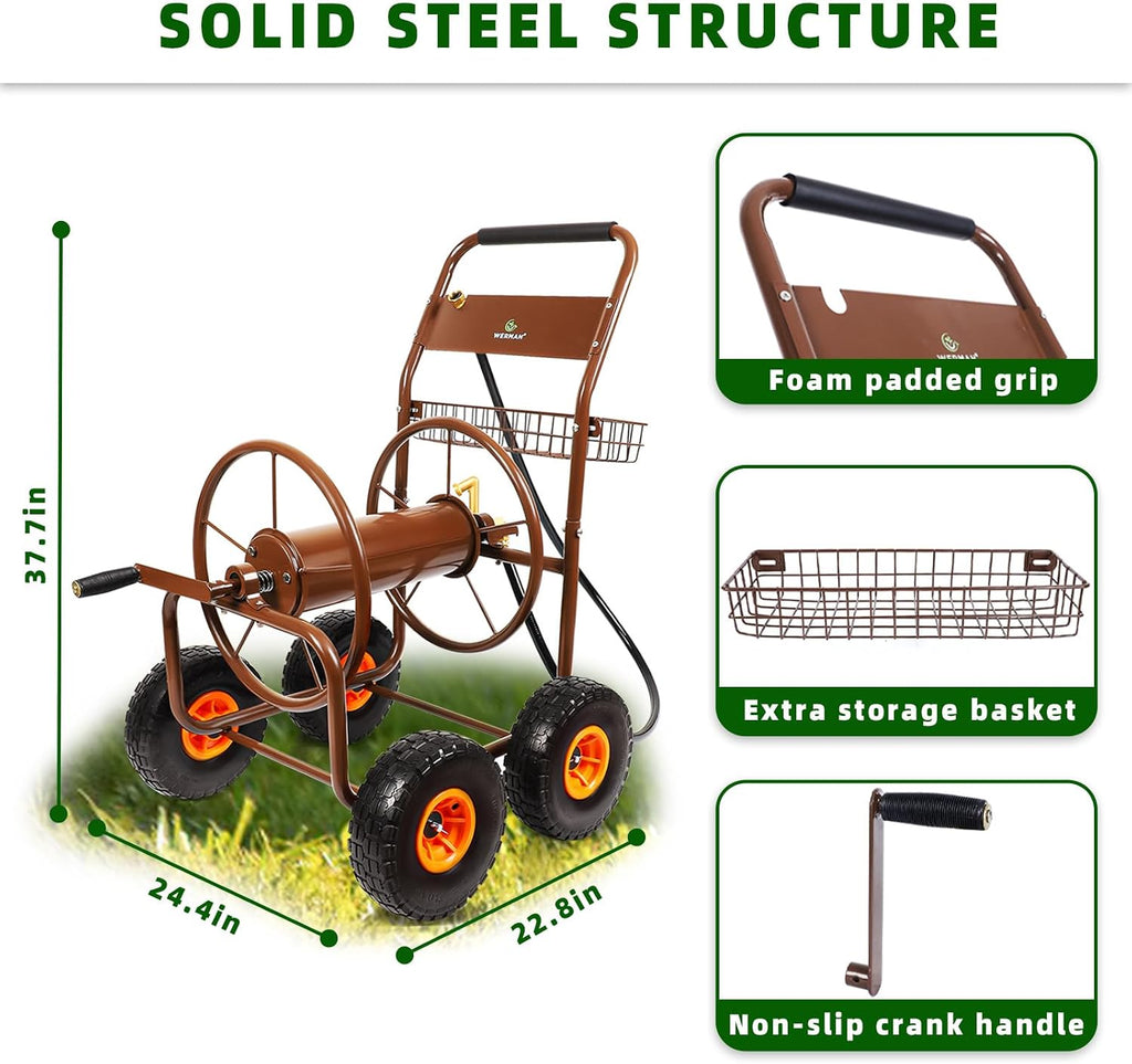 WERMAH Upgrade Hose Reel Cart, Garden Hose Cart 4 Wheels, Holds 300ft 5/8"