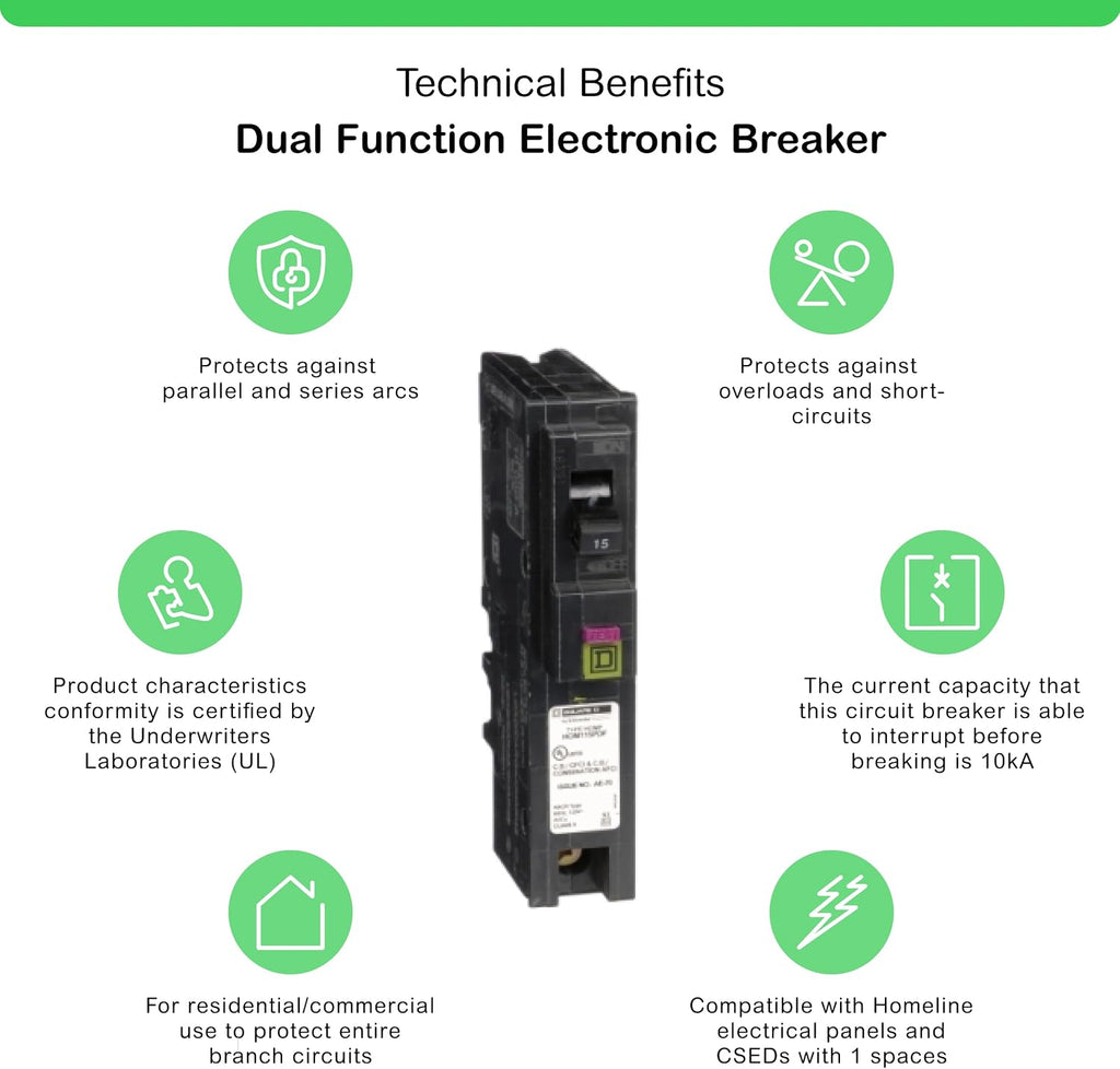 Square D by Schneider Electric Square D - HOM115PDFC Homeline Plug-On Neutral 15 Amp Single-Pole Dual Function (CAFCI and GFCI) Circuit Breaker