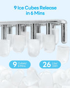 Ice Makers Countertop 26.5Lbs/24H, 9 Ice Cubes Release in 6 Mins, Ice Machine with 2 Sizes Bullet Ice, Self-Cleaning Portable Ice Maker with Ice