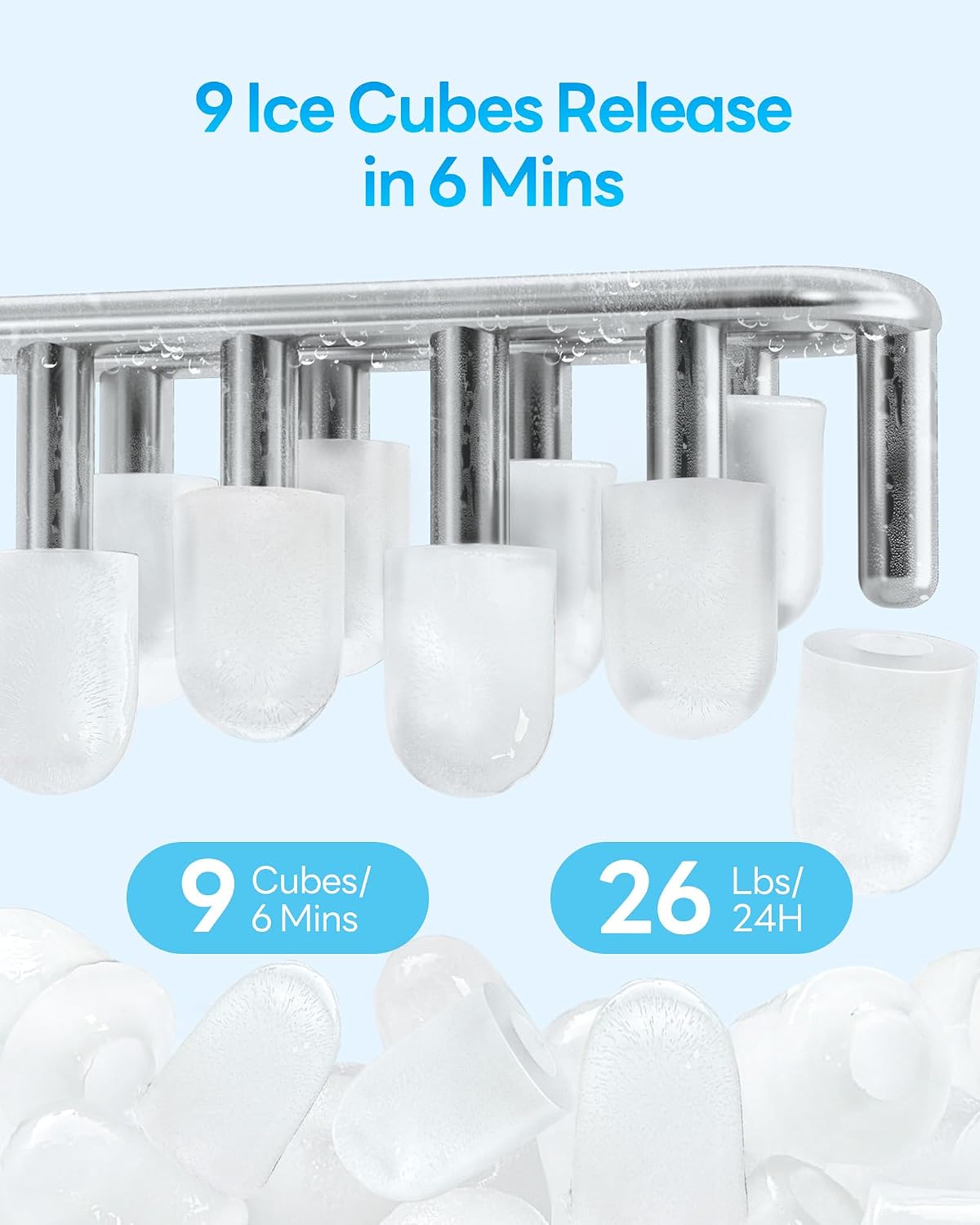 Ice Makers Countertop 26.5Lbs/24H, 9 Ice Cubes Release in 6 Mins, Ice Machine with 2 Sizes Bullet Ice, Self-Cleaning Portable Ice Maker with Ice