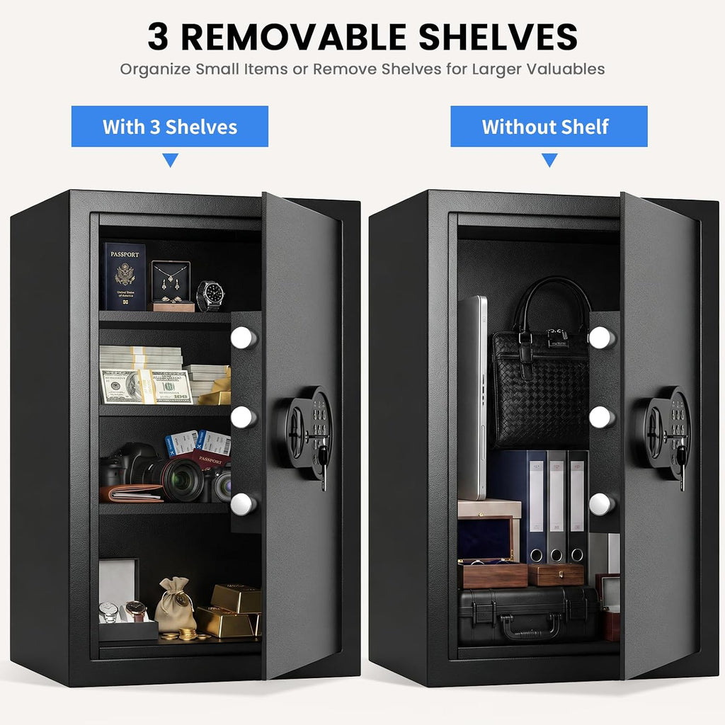 23.62'' Tall Extra Large Home Safe Box, Safe with Fireproof Waterproof Document Bag, Digital Keypad and 3 Removable Steel Shelves, Security Box for