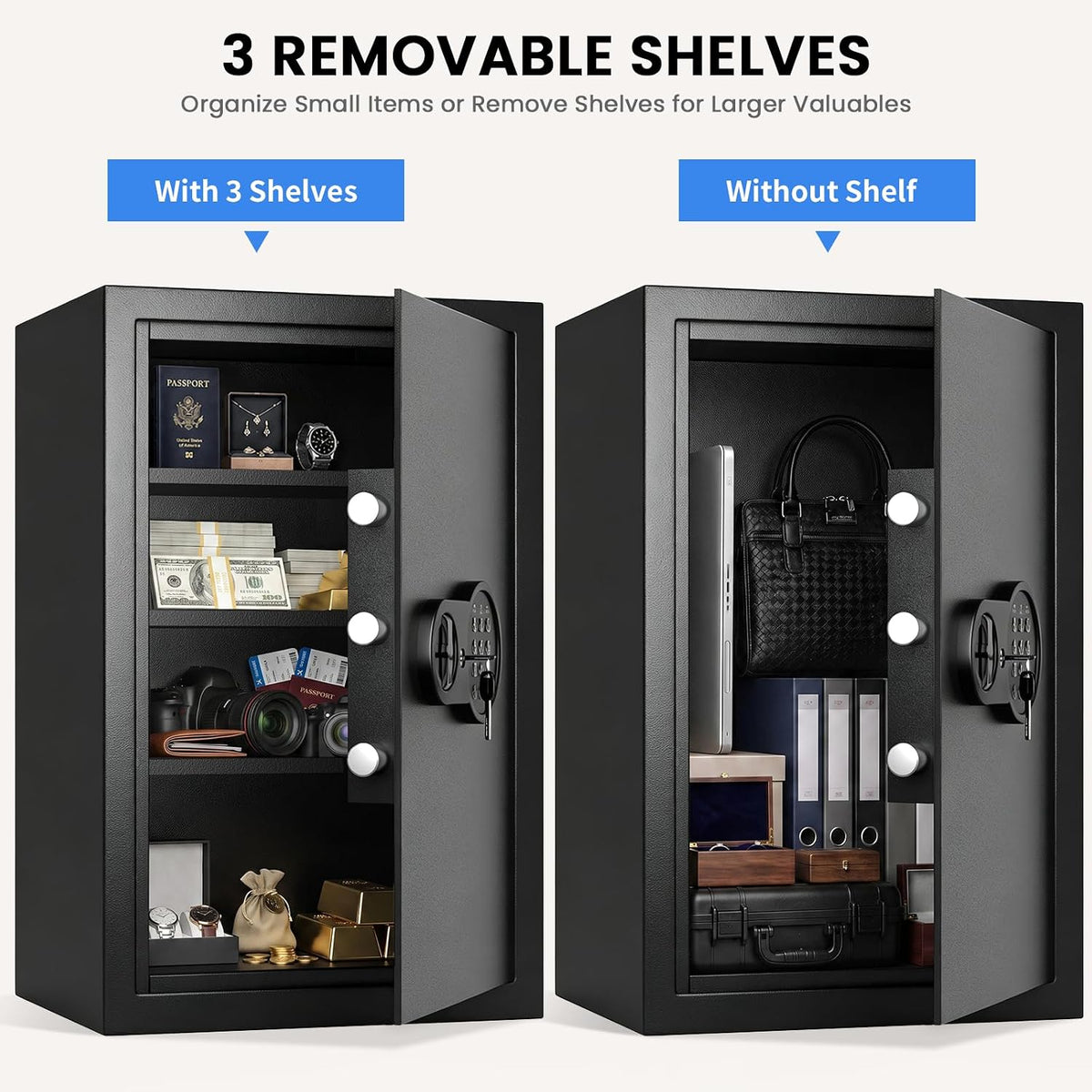 23.62'' Tall Extra Large Home Safe Box, Safe with Fireproof Waterproof Document Bag, Digital Keypad and 3 Removable Steel Shelves, Security Box for
