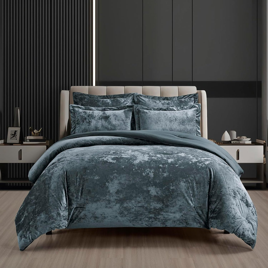 Fredsure Distressed Velvet Comforter Set, 5 Pieces Smoke Blue King, Distressed Velvet Face and Brushed Microfiber Reverse