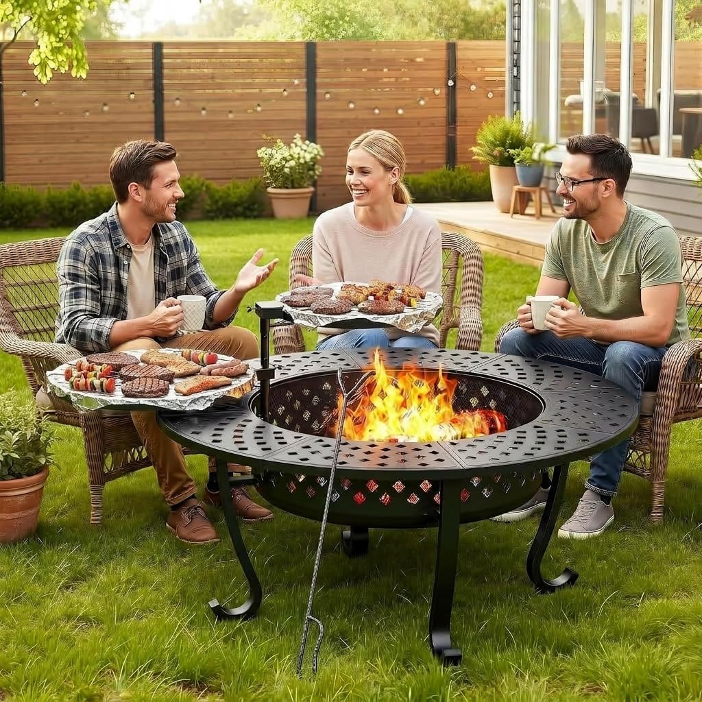 43" Large Fire Pit for Outside with 2 Adjustable Grills,Lid & Fire Poker