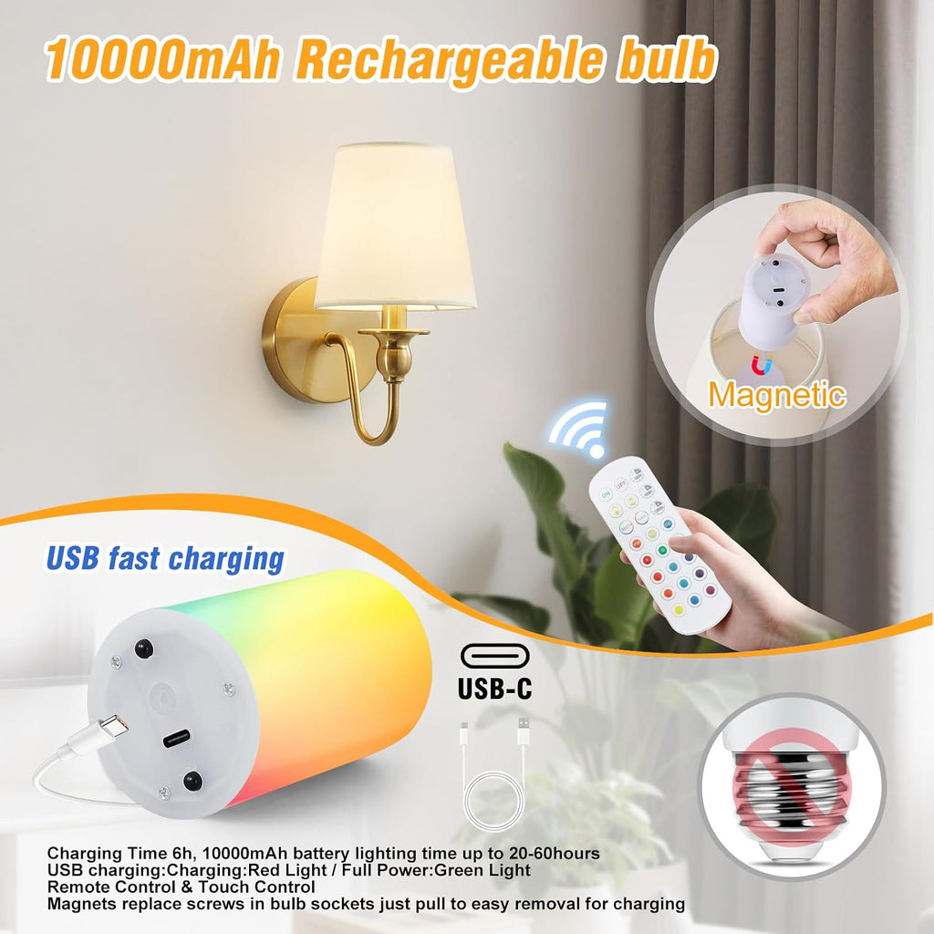 Battery Operated Wall Sconces set of Two,Wireless Wall Sconces with 10000mAh Dimmable Bulb and Remote,LED 15 Colors Rechargeable Gold Wall Sconce