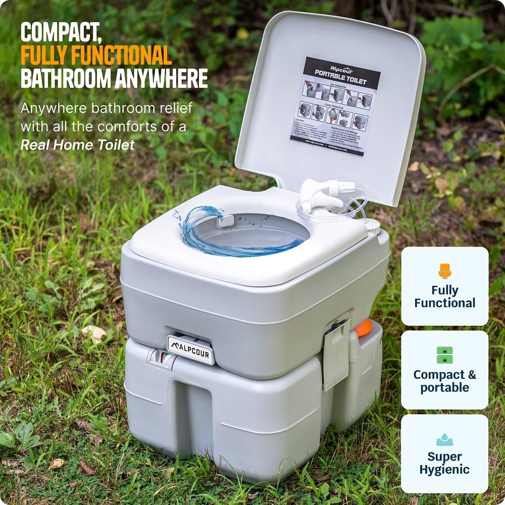 Portable Toilet – Compact Indoor & Outdoor Commode w/Travel Bag for Camping, RV, Boat – Piston Pump Flush, 6 Gallon Waste Tank, Built-In Pour Spout &