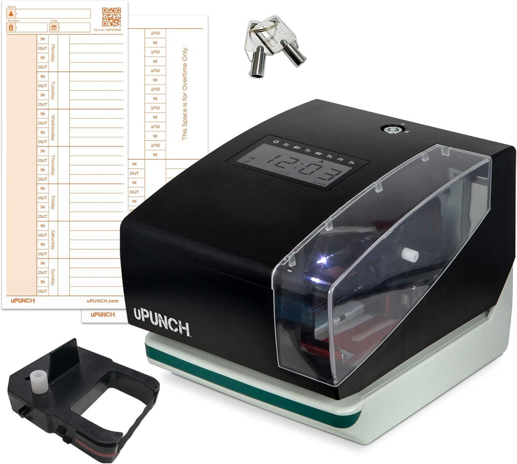 uPunch CR1000 Digital Time Clock and Date Stamp for Small Business: Complete Employee Time Tracking System with 50 Time Cards, Ribbon & Keys