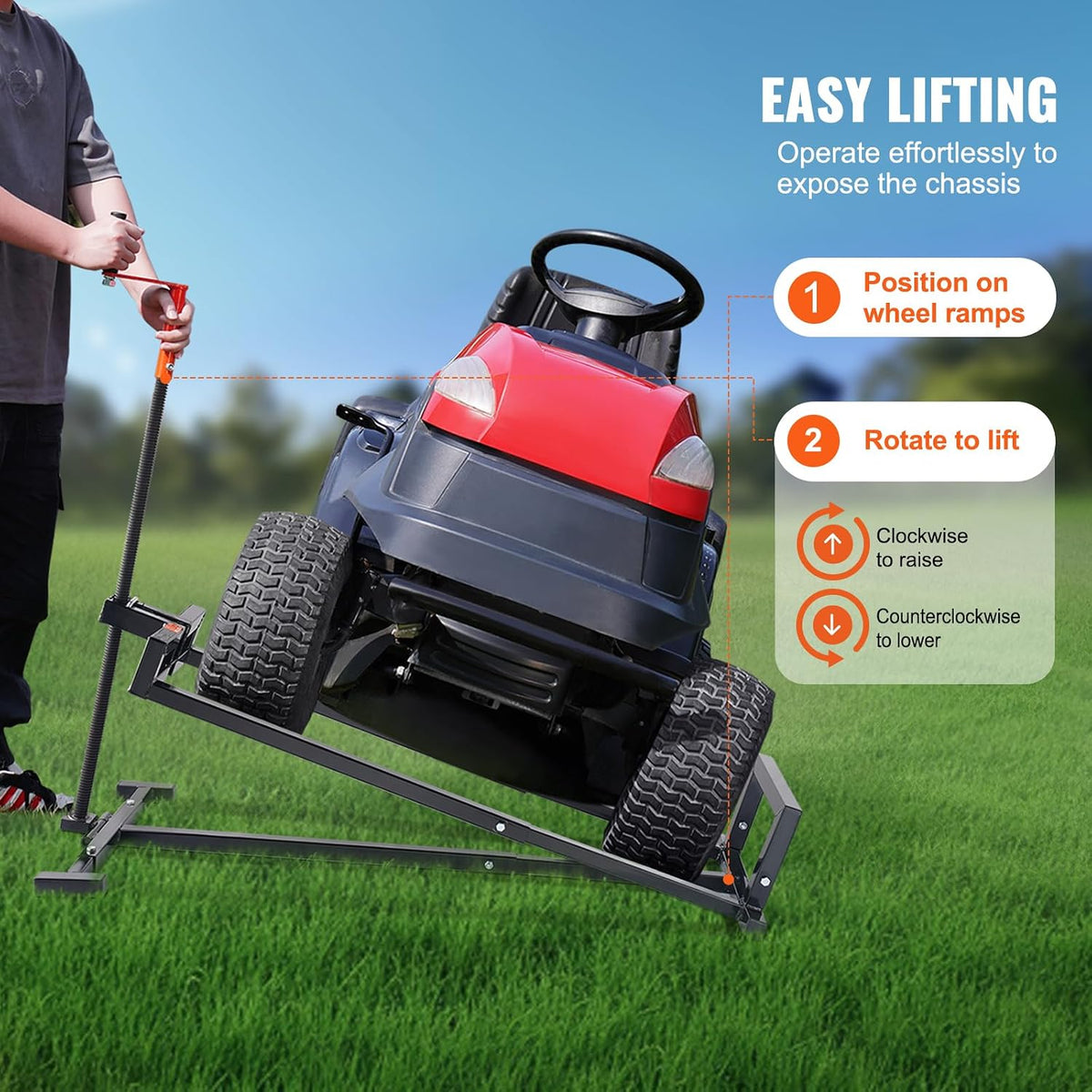 VEVOR Ride on Lawn Mower Lift Jack, 880 Lbs Weight Capacity, Telescopic Maintenance Jack with Crank Handle & Power Tool Handle, Foldable Lawn Tractor