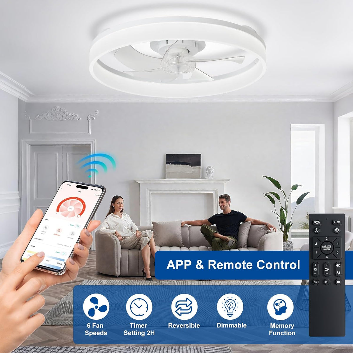 DLLT Modern Ceiling Fans with Lights: 20" Full Package Low Profile Ceiling Fan with APP Remote Control - White Flush Mount LED Bladeless Fandelier