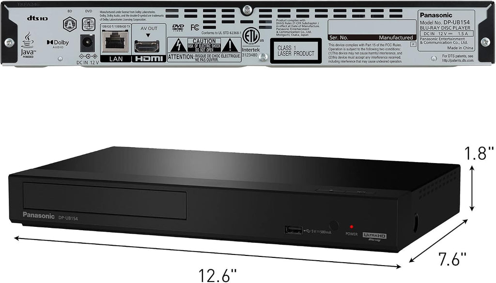 Panasonic 4K Blu Ray Player, Ultra HD Premium Video Playback and Hi-Res Audio - DP-UB154P-K DVD Player (Black)