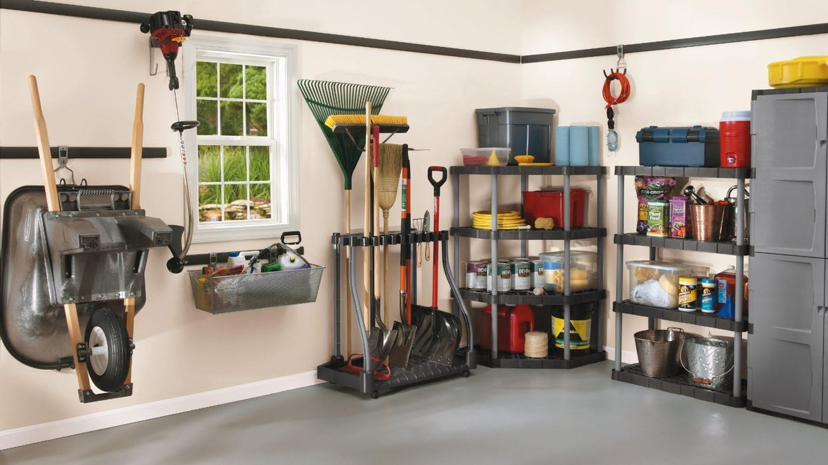 Rubbermaid Garage Tool Tower Rack Easy to Assemble Wheeled Organizes up to 40 Long-Handled Tools/Rakes/Brooms/Shovels in Home/House/Outdoor/Shed Black