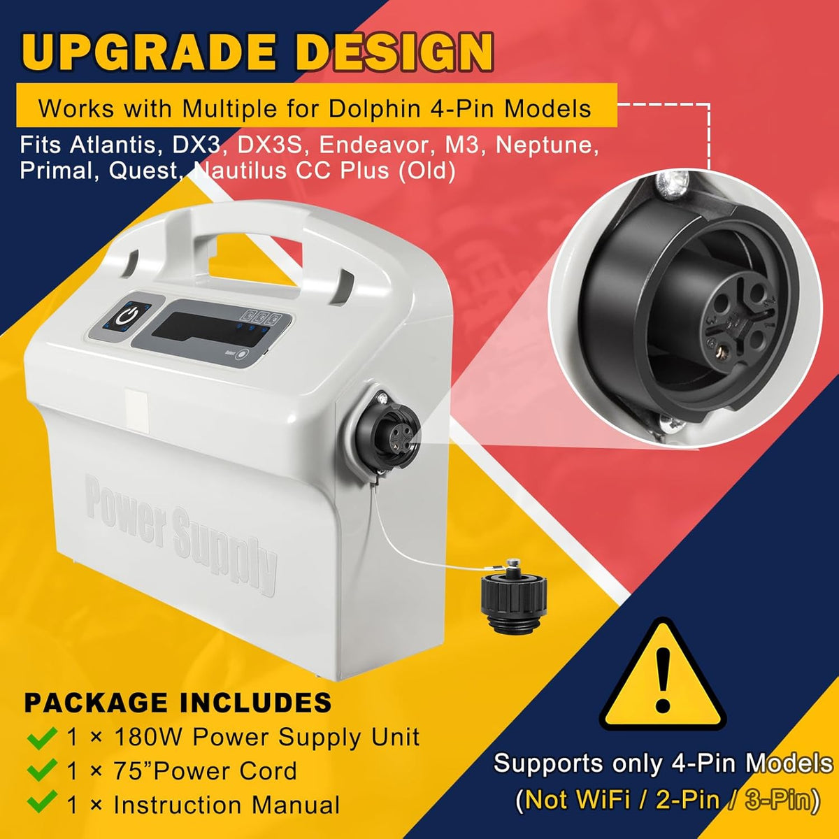 For Dolphin Pool Cleaner Power Supply 180W Replacement for 9995672-US-ASSY –Works with Nautilus CC Plus, DX3, Neptune, Quest – Includes Power Cord
