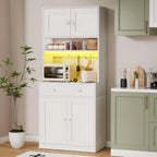 71" Tall Kitchen Pantry Cabinet with Microwave Countertop, LED Lights White