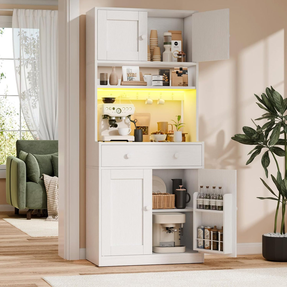 71" Tall Kitchen Pantry Cabinet with Microwave Countertop, LED Lights White