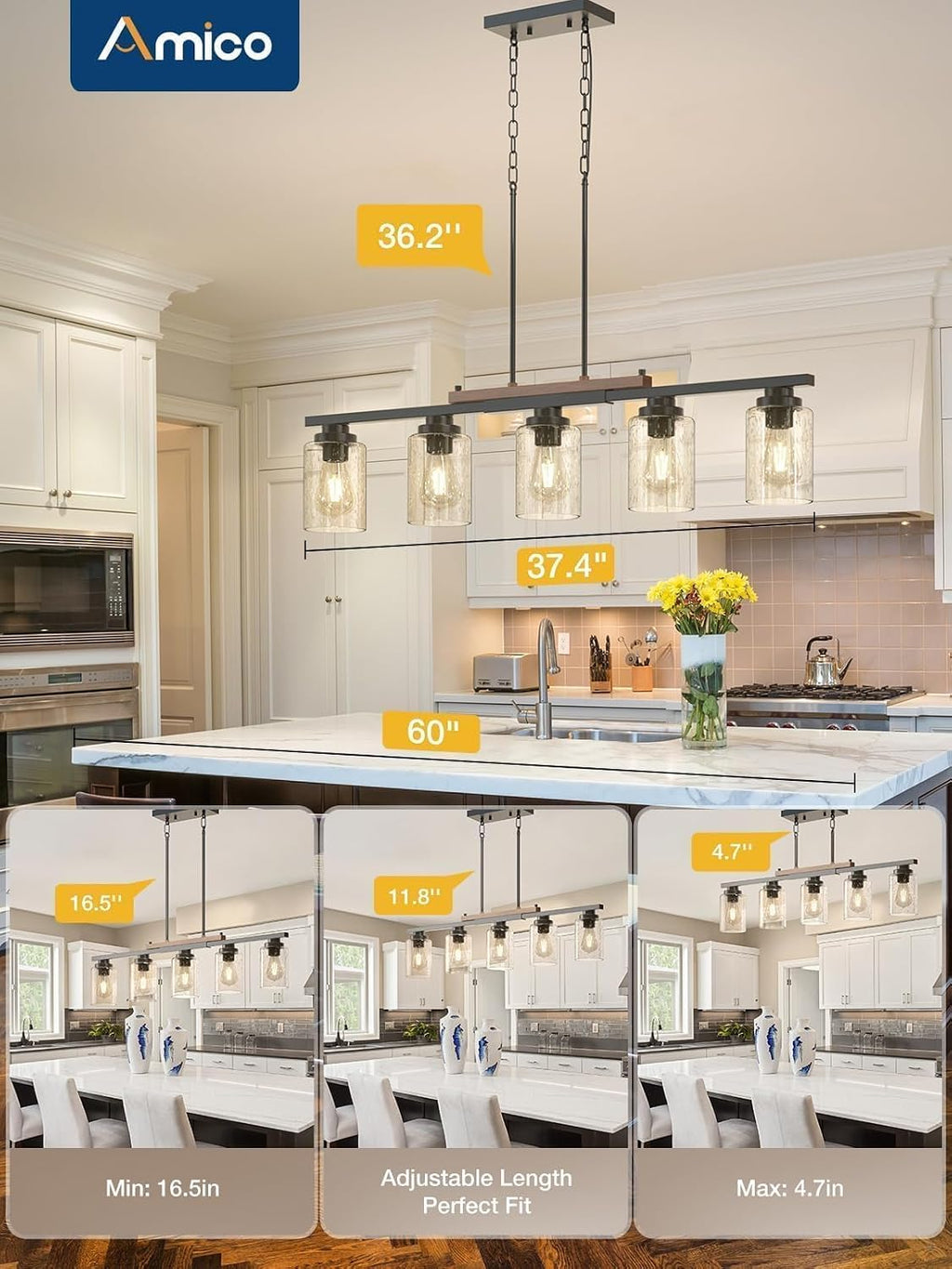 Amico 5-Light Dining Room Light Fixture, Seeded Glass Island Chandelier