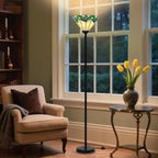 Stained Glass Floor Lamp with Tree Leaf Pattern, Vintage Style Torchiere Floor Lamp, Tall Corner Pole Lamp with Foot Switch, Antique Decorative