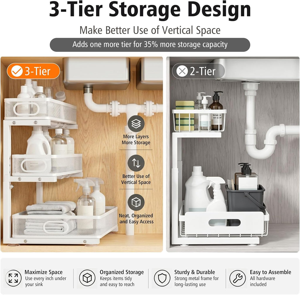 Under Sink Organizer, 3 Tier Pull Out Cabinet Organizer with 5 Adjustable Heights, Metal Under Sink Storage with Sliding Drawers for Kitchen