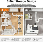 Under Sink Organizer, 3 Tier Pull Out Cabinet Organizer with 5 Adjustable Heights, Metal Under Sink Storage with Sliding Drawers for Kitchen