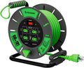 60 FT Retractable Extension Cord Reel, 14AWG SJTOW Heavy Duty Power Cord with 4 Grounded Outlets, USB-A & USB-C Ports, 13A Circuit Breaker, Hand