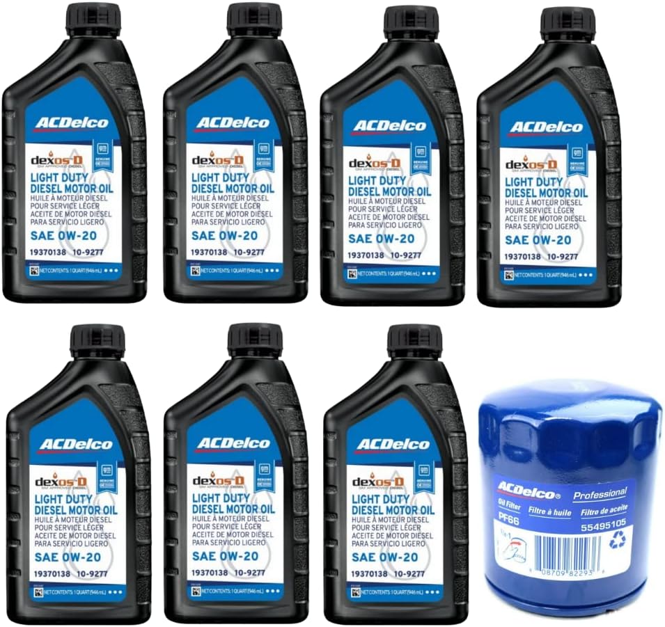 ACDelco DexosD Oil Change Kit 0W-20 Light Duty Diesel Engine Oil 19370138, 10-9277 and AC Delco PF66, 55495105, 19391402 Oil Filter (See Description
