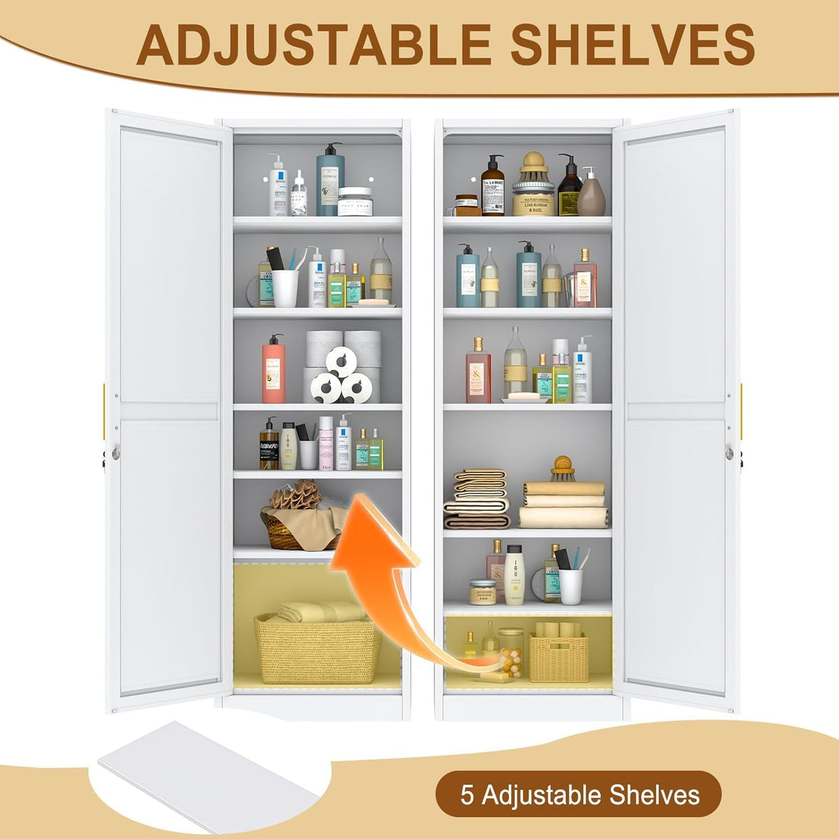 Tall Metal Narrow Bathroom Storage Locker Cabinet 67" H, White Kitchen Pantry Cabinets,File Cabinet Organizer with 5 Adjustable Shelves and Lockable