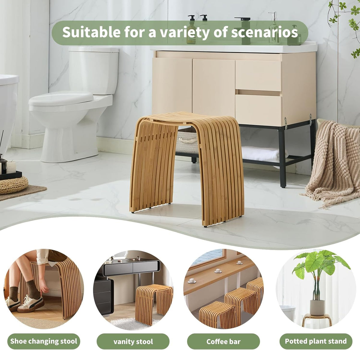 Bamboo Shower Bench, Waterproof Non-Slip Bath Stool,Sturdy Stable