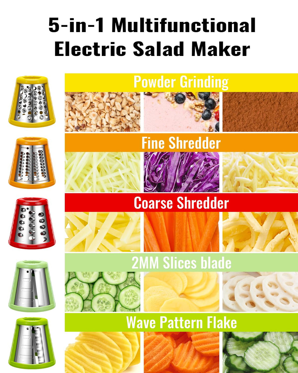 Electric Cheese Grater Salad Shooter,5-In-1 Electric Slicer For Home Kitchen,One-Touch Easy Control,With Safety Push Bar Cheese Grater Electric For