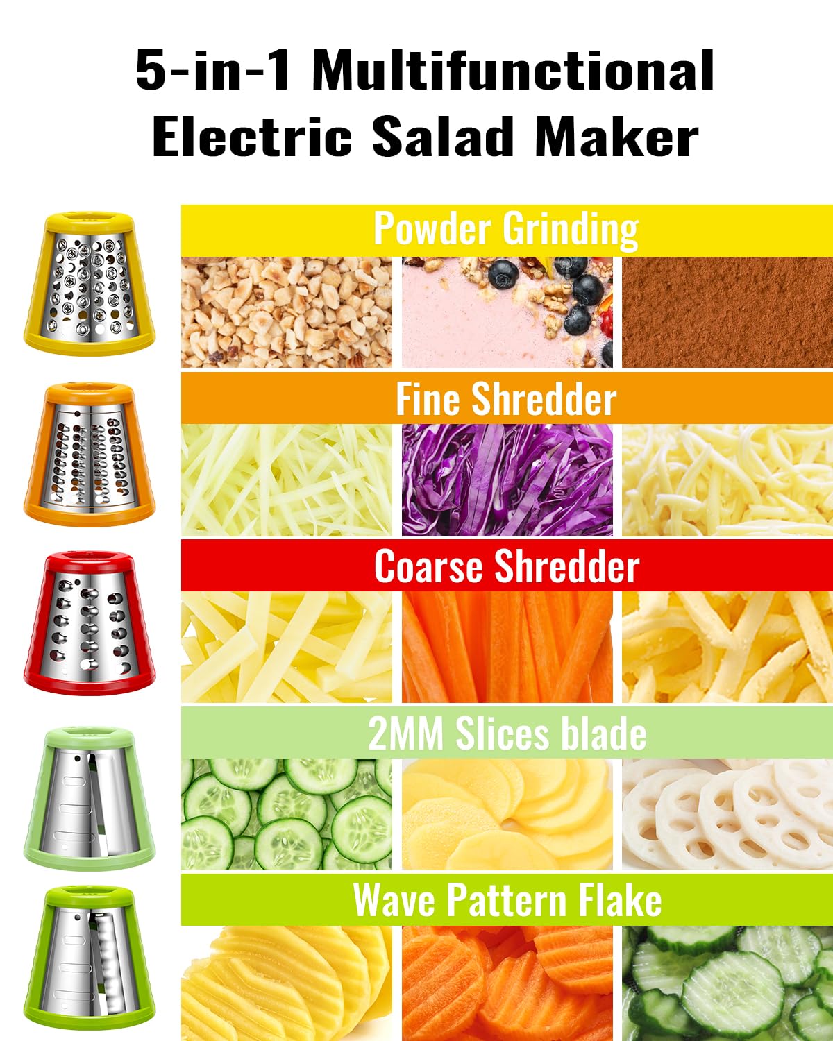 Electric Cheese Grater Salad Shooter,5-In-1 Electric Slicer For Home Kitchen,One-Touch Easy Control,With Safety Push Bar Cheese Grater Electric For