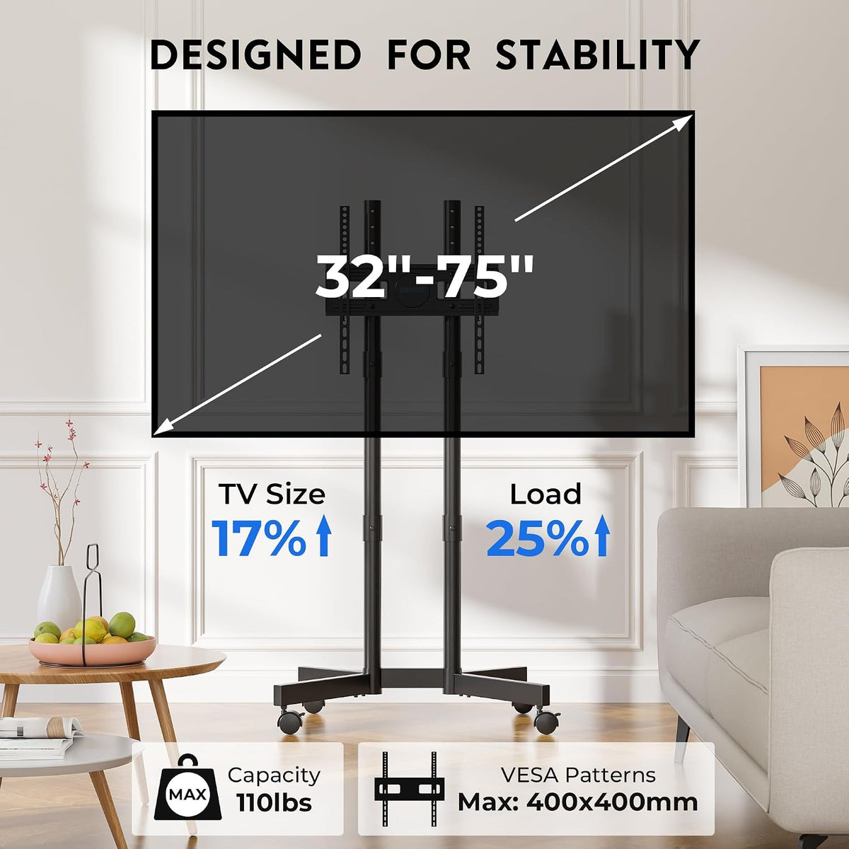BONTEC Rolling TV Stand for 32-75 Inch TVs, Heavy Duty TV Stand, Black