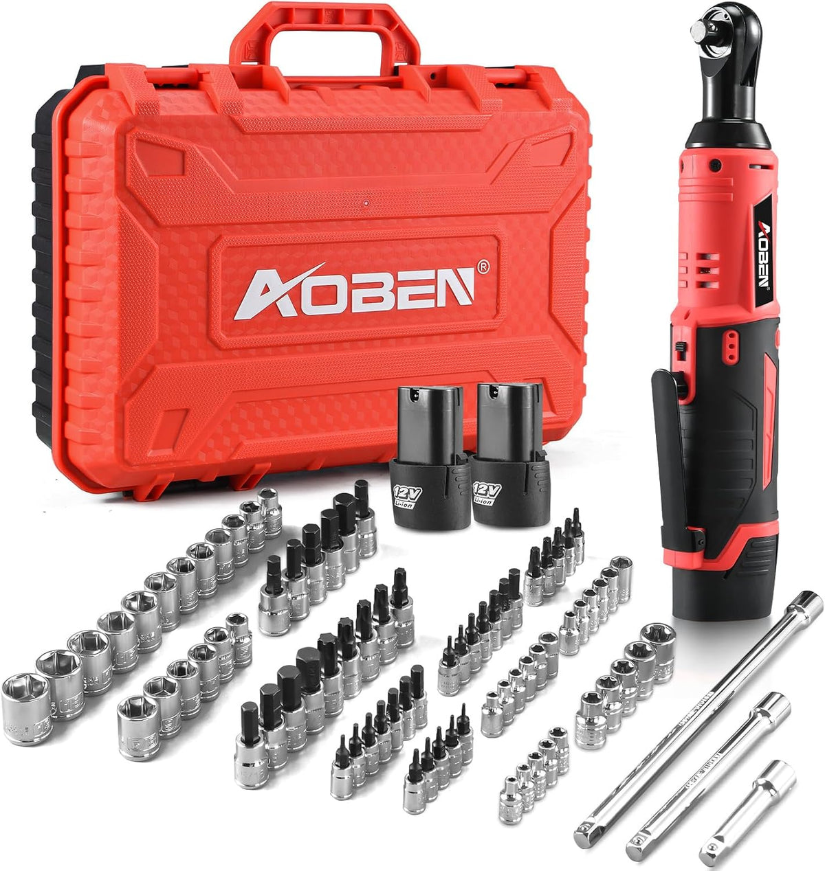 AOBEN Cordless Ratchet Wrench Kit,3/8" ratchet,40 Ft-lbs Electric Power Ratchet Set with Variable Speed Trigger,2 Packs 2000mAh Lithium-Ion Battery