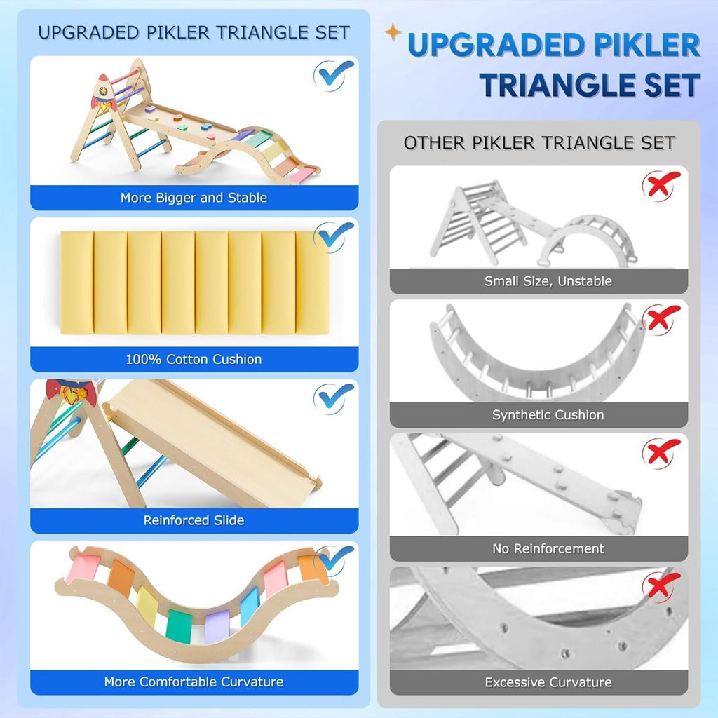 Pikler Triangle Set with Cushion, 9-in-1 Kids Climbing Toys for Toddlers 1-3 Inside, Montessori Toddler Climbing Toys Indoor, Large Wooden Pikler