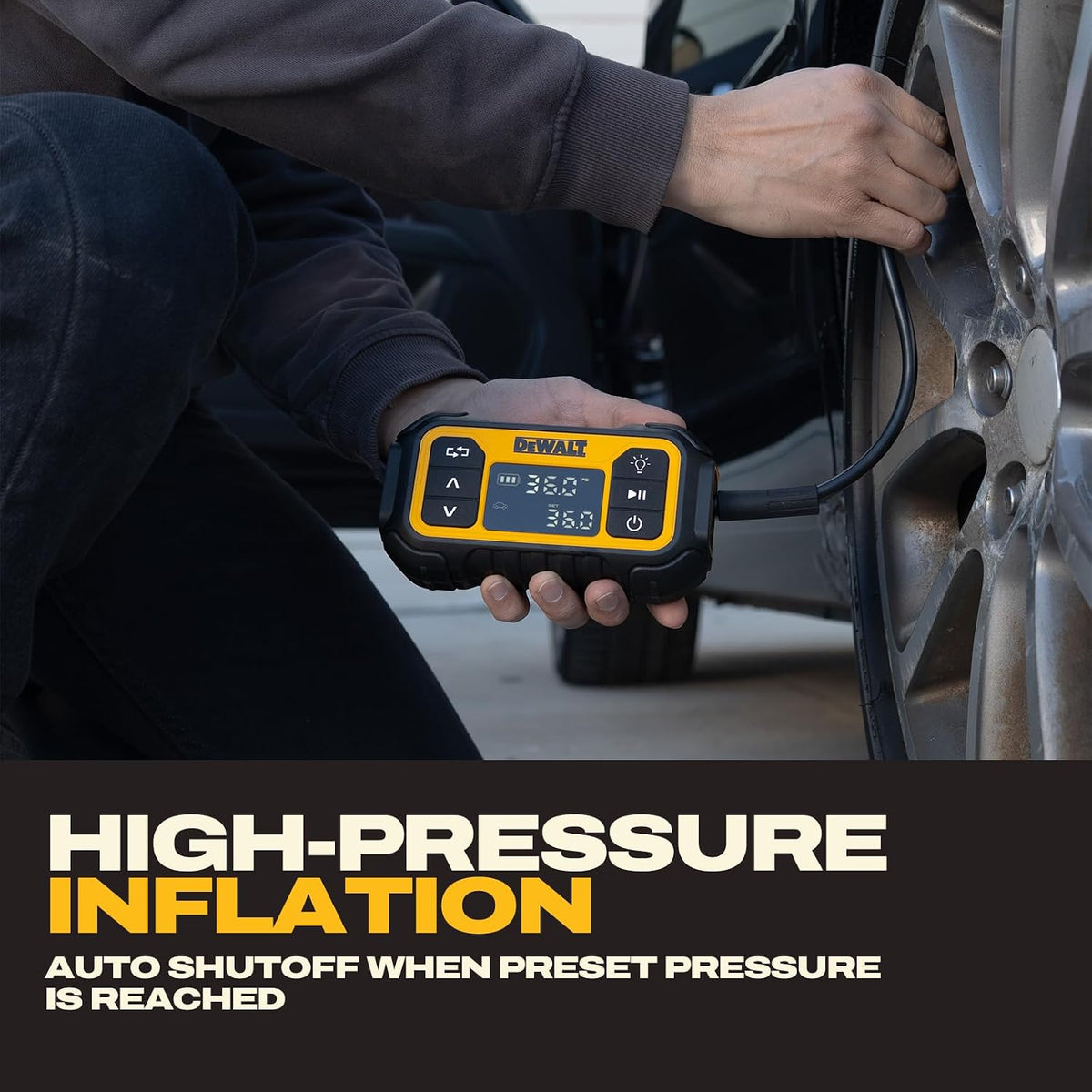 DEWALT Tire Inflator, Portable Air Compressor with Digital Display Pressure Gauge & Auto Shut Off, 150 PSI 12V DC Corded & Battery Powered Air Pump