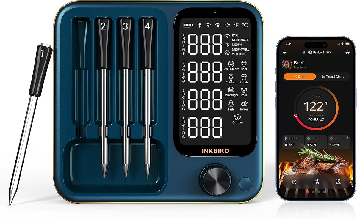 Wireless Meat Thermometer with WiFi 5G & Bluetooth 5.4, Smart Meat Thermometer for BBQ、Oven, Food Thermometer Digital with 4 Probes & 5 Sensors, NIST