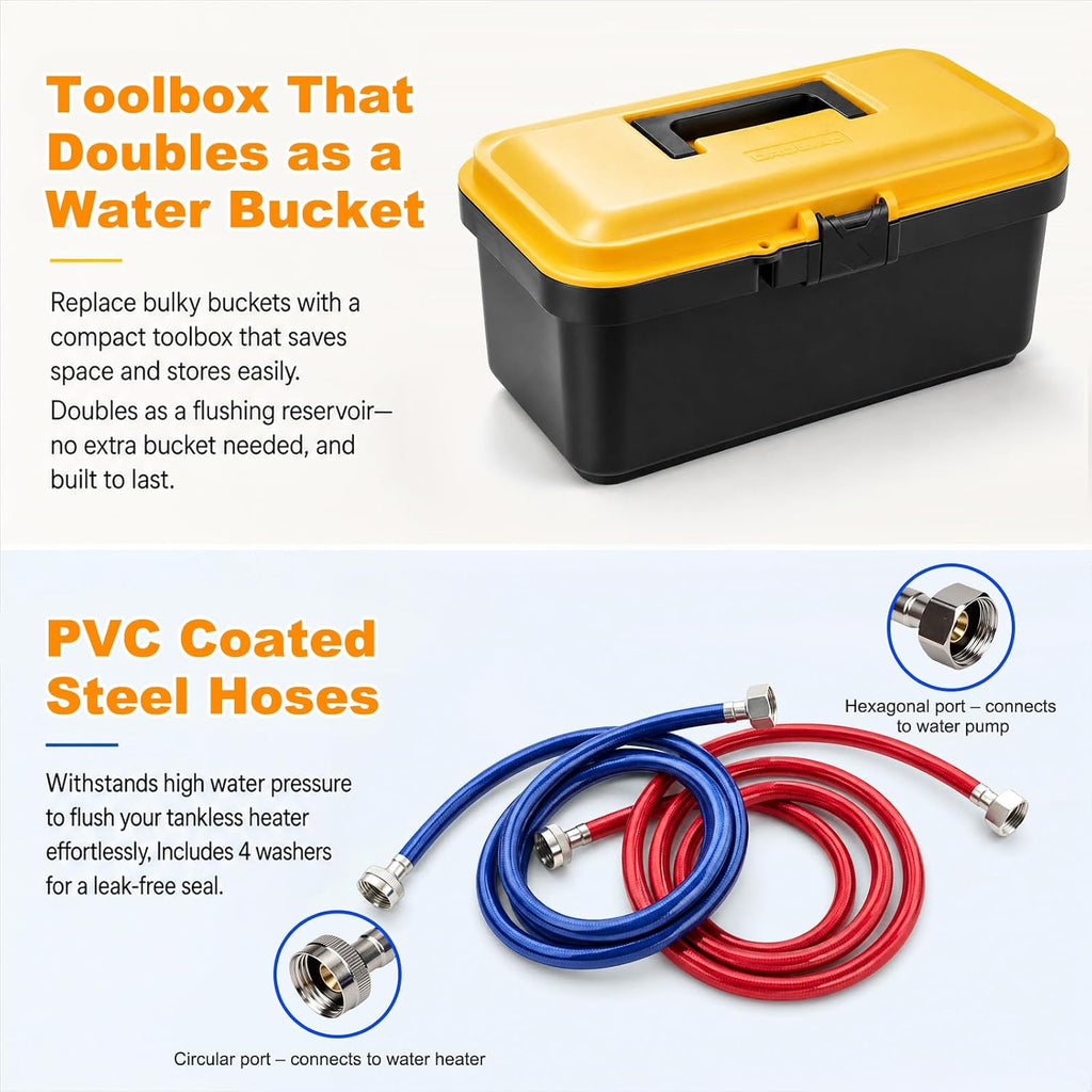 Tankless Water Heater Flushing Kit: Brushless Pump, 2×6' Hoses & Toolbox